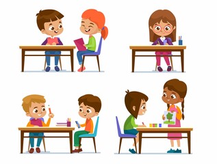 A set of schoolchildren sitting behind desks and studying, playing and talking. Group of kids in school with books, pencils and crayons. Cartoon style vector illustration isolated on white background.