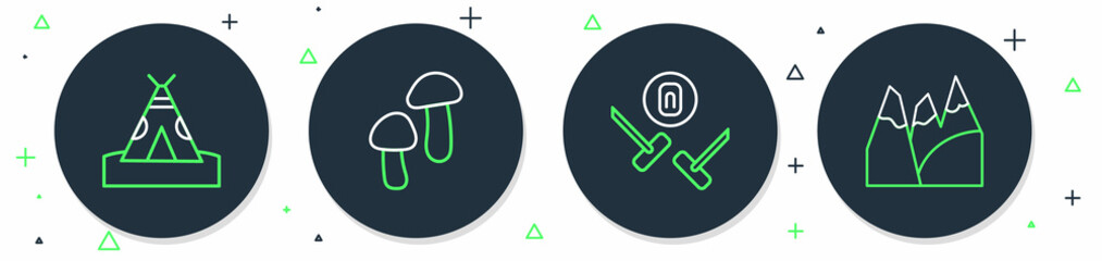 Set line Mushroom, Curling sport game, Indian teepee wigwam and Mountains icon. Vector © vector_v