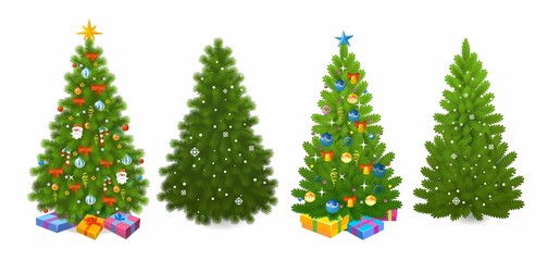 Set of ornate Christmas trees in cartoon style isolated on white background. Decorated New Year green fir tree, pine with snowy branches, gift boxes, Xmas stars, balls, lights. Vector illustration.