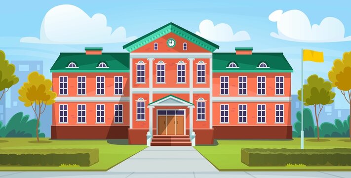 Front View Of A Modern Educational Building, School, University, Library Or College With A Yard In The Fall. Empty Street Near While Students Are Studying In Classes.Cartoon Style Vector Illustration.