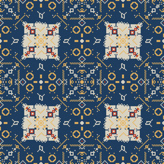 blue ethnic pattern with pixel and geometric seamless square in for fabric pattern