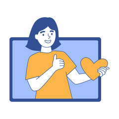 On screen girl with hold heart in hand and shows hand super sign. Customers or followers feedback, positive reaction to virtual communication. Remote monitor distance relationship