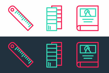 Set line Photo album gallery, Ruler and Pantone icon. Vector