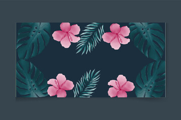 Seamless hand drawn tropical vector pattern with exotic palm leaves, hibiscus flowers, pineapples and various plants on dark background.