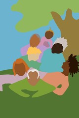 Illustration Familie diverse auf einem Haufen im Freien unter einem Baum, Hochformat, verschiedene Generationen