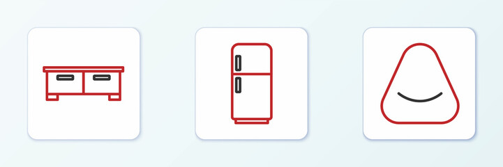 Set line Pouf, Chest of drawers and Refrigerator icon. Vector