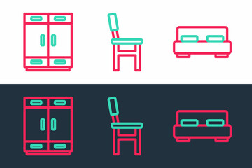 Set line Big bed, Wardrobe and Chair icon. Vector