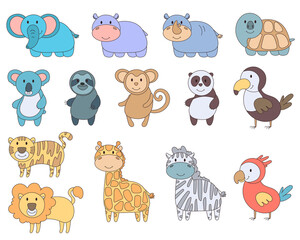 Fototapeta premium Color cute set wild safari african jungle animals. lion, giraffe, elephant, turtle, zebra, parrot, hippo, monkey, sloth, rhino, panda, tiger, panda, toucan. tropical collection doodle cartoon