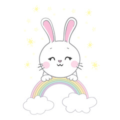 Seamless pattern of cute face rabbit with Rainbow. Image for wallpaper, banner, sticker, screen. Kid graphic.
