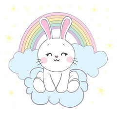 Seamless pattern of cute face rabbit with Rainbow. Image for wallpaper, banner, sticker, screen. Kid graphic.