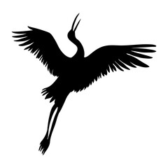 Silhouette or shadow black ink symbol of a crane bird or heron flying icon.