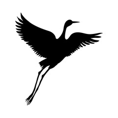 Silhouette or shadow black ink symbol of a crane bird or heron flying icon.