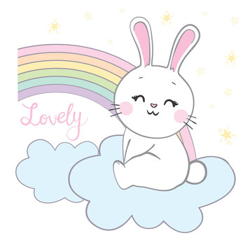 Seamless pattern of cute face rabbit with Rainbow. Image for wallpaper, banner, sticker, screen. Kid graphic.