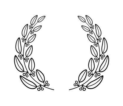 Laurels round border vector in simple line style. Linear circle laurel leaves.