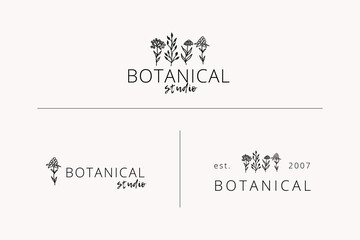 Collection Hand Drawn Logo with Wild Flower and Leaves. Logo for spa and beauty salon, boutique, organic shop, wedding, floral designer, interior, photography, cosmetic. Floral element. Vector