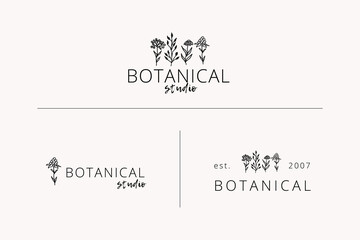 Fototapeta premium Collection Hand Drawn Logo with Wild Flower and Leaves. Logo for spa and beauty salon, boutique, organic shop, wedding, floral designer, interior, photography, cosmetic. Floral element. Vector
