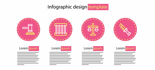 Set line Scales of justice, Military knife, Prison window and Judge gavel icon. Vector