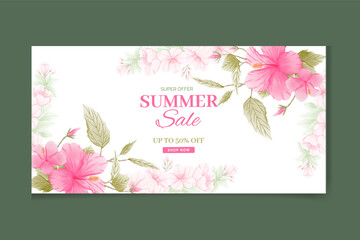 Green summer tropical background with exotic palm leaves and hibiscus pink flowers. Vector floral background. Sale banner or flyer template.