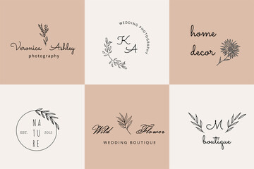 Hand Drawn Logo with Flowers and Leaves Collection. Botanical Logo for spa and beauty salon, boutique, organic shop, wedding, floral designer, interior, photography, cosmetic. 
