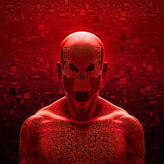 Evil artificial intelligence - 3D illustration of red skull faced male robot figure with abstract computer circuit board background