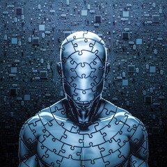 Mystery puzzle man - 3D illustration of dark mysterious male figure made of jigsaw pieces with abstract computer circuit board background - 514481456