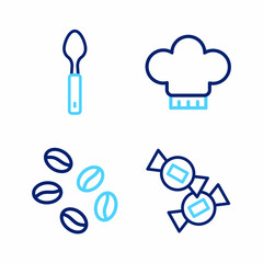 Set line Candy, Coffee beans, Chef hat and Spoon icon. Vector