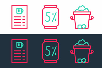 Set line Ice bucket, Beer menu and can icon. Vector