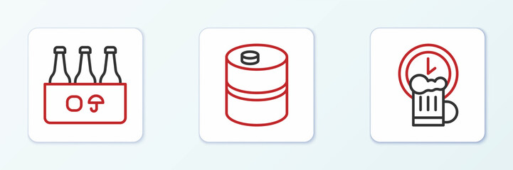 Set line Happy hour, Pack of beer bottles and Metal keg icon. Vector