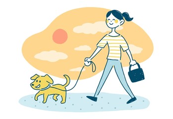 夕方　犬の散歩　アスファルト　熱中症　イラスト