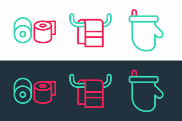 Set line Sauna mittens, Toilet paper roll and Towel on hanger icon. Vector