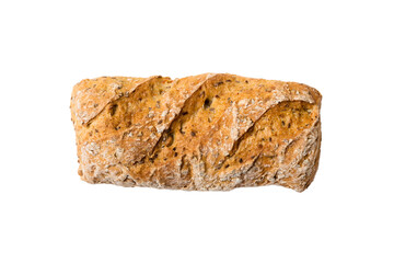 Bread top view cut out. Freshly backed Bread isolated on white background. Fresh organic loaf