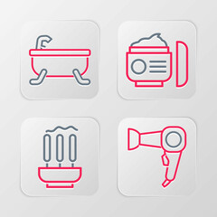 Set line Hair dryer, Incense sticks, Cream or lotion cosmetic tube and Bathtub icon. Vector