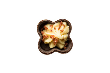 Top view Chocolate candy isolated on white background with clipping path and full depth of field. Flat lay. Set or collection