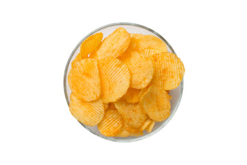 delicious Potato chips in bowl isolated on white background, Flat lay Top view