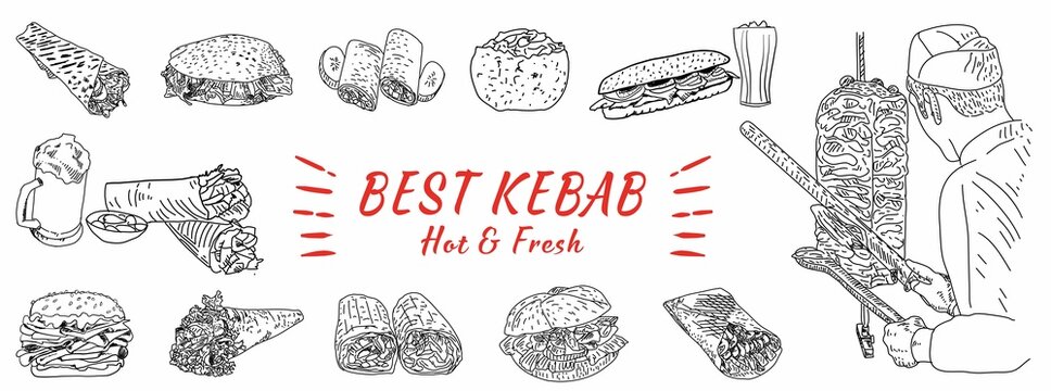 Hand drawn vector illustration. Shawarma cooking and ingredients for kebab. Doner kebab hand drawn. Fast food menu design elements. Restaurant cafe menu, template design. Vector.