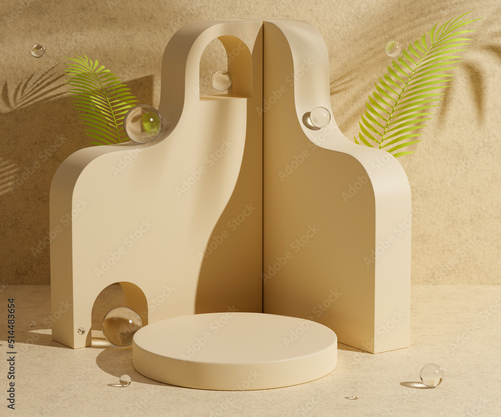 Poster 3d rendering empty cylinder podium on light yellow background for product display.