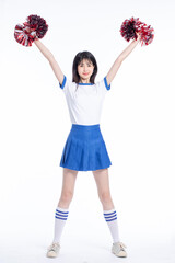 Asian female cheerleader on white background
