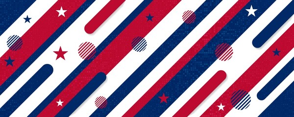 Happy 4th of July USA Abstract Independence Day website header.  American national flag color poster vector illustration. Geometric shape, star, diagonal line graphic. Shiny shimmery effect background