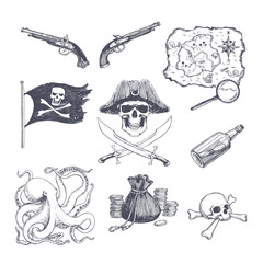 Set of vector hand drawn illustrations of pirate attributes. Collection of sketches with Jolly Roger, flag, map of island of treasure, skull with bones and other symbols of piracy.