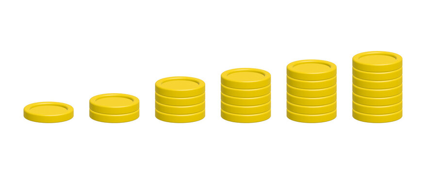 3d gold coins stack. Empty golden coins collection. Illustration isolated on white.