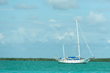 Fototapeta premium Lonely sailboat in a calm sea in calm weather. Sailing yacht on the background of a blurred coastline. A sailboat with a folded sail against a cloudy sky.