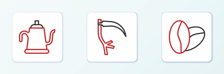 Set line Coffee beans, Watering can and Scythe icon. Vector