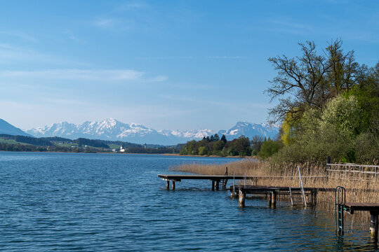 Trumersee mit Obertrum und den Alpen