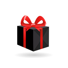 Obraz premium 3d black gift box with red ribbon. Vector illustration for christmas, black friday.