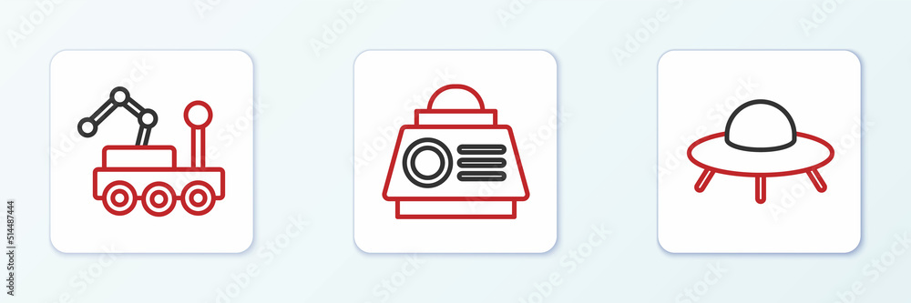 Poster set line ufo flying spaceship, mars rover and space capsule icon. vector