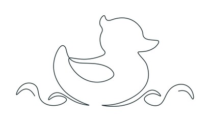 Rubber duck in single continuous line. Children s rubber duck in one line. Minimalist outline. Bath toy. Duck floats on water. Hand drawn vector illustration.