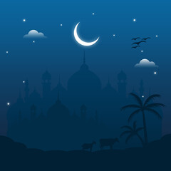 Obraz na płótnie Canvas Mosque in the night. Vector illustration Happy Eid Al Adha Mubarak With Gradien Background Design Template