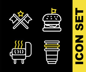 Set line Burger, Paper glass, Barbecue grill and American flag icon. Vector