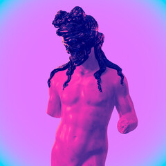 Abstract illustration from 3D rendering of a white marble bust of male classical sculpture with black hair and skull head in dark art style and isolated on background in vaporwave style colors.