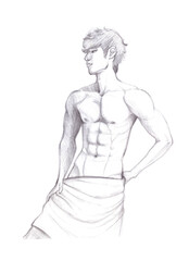 Guy with a towel on white background. Male torso. Pencil illustration.